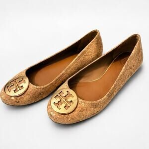 Tory Burch Cork Gold Logo Ballet Flats Women’s Size 7.5 M Leather